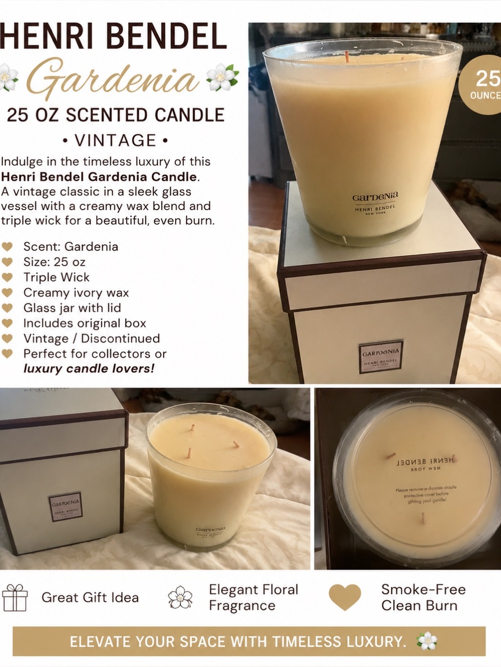 henri bendel Gardenia Triple-Wick Candle in Cream